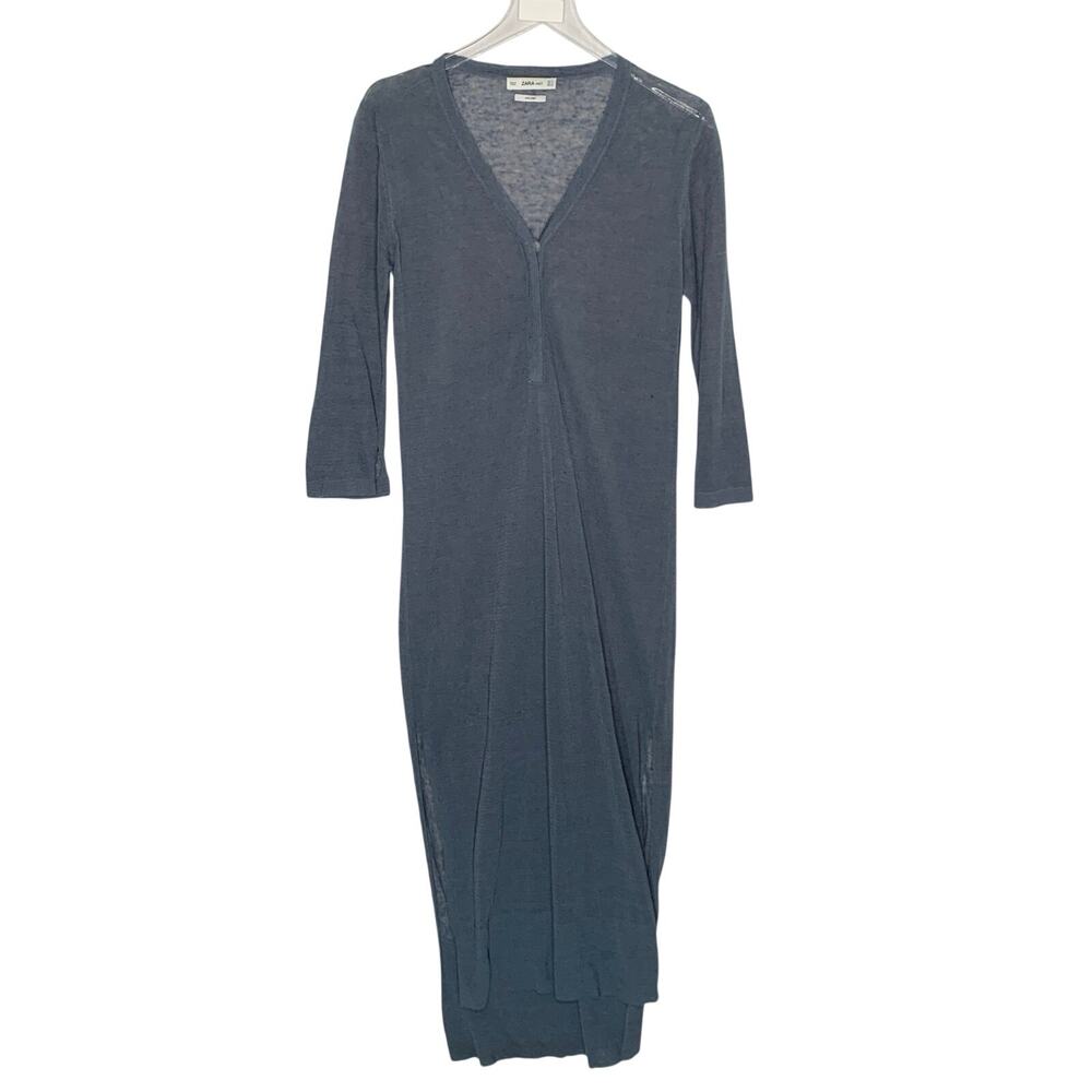 Zara Knit V-Neck Popover Midi Dress S Linen Blend Dusty Blue Sheer Sleek